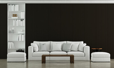 Home mock up in living room interior and white sofa and empty black wall background, 3d render
