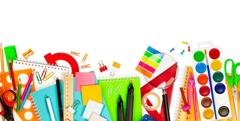 various school supplies on white isolated background