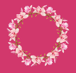 A wreath, a round frame of pink magnolia flowers. The flowers and branches of the magnolia are hand-painted in watercolor.