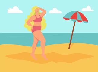 Young curvy woman on the beach. Body positive, self-love. Flat cartoon vector illustration