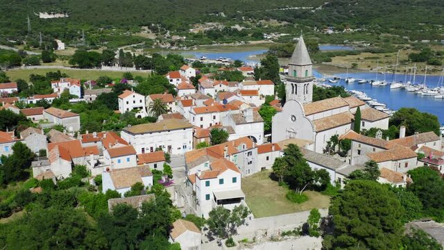 Aerial view of the historic old town of Osor on Cres Island, the Adriatic Sea, Croatia