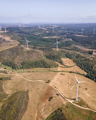 Aerial view of a wind turbines in the countryside near Monte Rubio in Faro District, Alentejo
