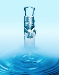 Water dripping from tap with splash on light background