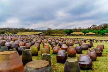 JEJU ISLA, KOREA, SOUTH - Apr 04, 2016: Landscape of the Jeju Stone Park under a cloudy sky in Jeju Island, South Korea