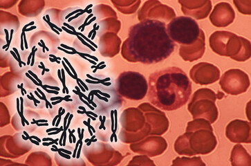 Human chromosomes on a background of blood cells.