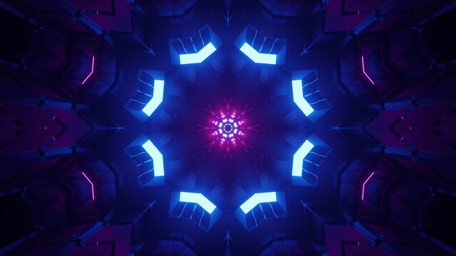 3D rendering of cool futuristic kaleidoscope patterns in vibrant blue and black colors