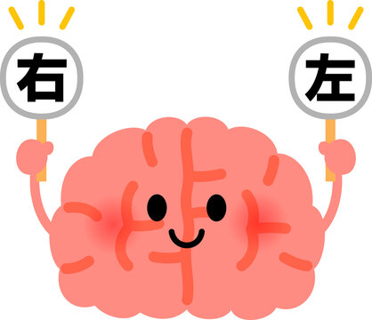 右、左の札を持った脳のキャラクター、右脳と左脳