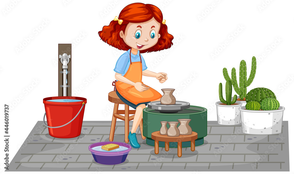Wall mural cartoon character girl making pottery clay on white background - Wall murals