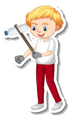 Sticker design with a boy collecting garbage