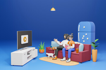 Obraz premium 3D cartoon character A young man and woman sitting watching a movie want to have fun at home - 3D render