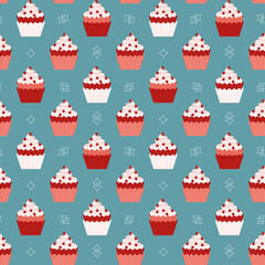 Cupcakes with red berries minimalist seamless vector pattern background. Sweet food cartoon design element. Decorative cupcake doodle wallpaper. Sweet dessert cake ornate illustration, print template