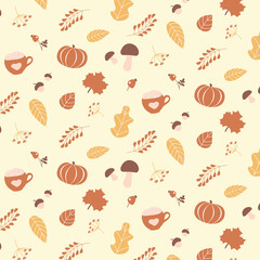 Autumn Pattern Cozy Style with Different Elements - Pumpkin, Coffee Cup, Autumn Leaves, Mushrooms