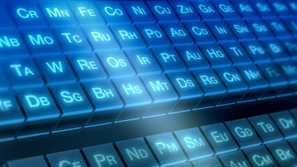 close-up of a periodic table of elements with lights and reflections (3d render)