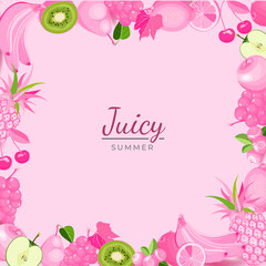 Pink fruits frame with text Juicy Summer. Creative poster with exotic organic fruits whole and cut into slices Balanced diet or dieting, vegetarian, vegan, detox, nutrition. Vector illustration.