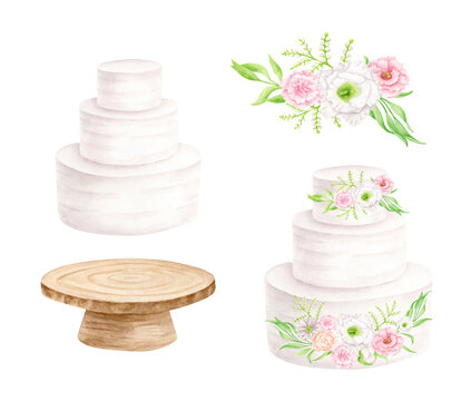 Watercolor Wedding Dessert Set. Hand Painted Tiered White Cream Cake, Rustic Wood Cake Stand And Flower Arrangement. Isolated Illustration For Invitations, Menu, Restaurant, Shop And Bakery Logo