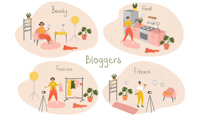 Fototapeta na wymiar Set of female bloggers and vloggers characters making internet content. Women creating video for their blog channel. Influencers shooting vlog. Vector flat cartoon illustration