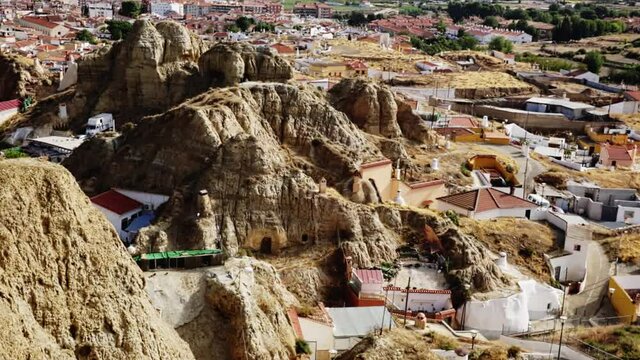 View from drone of famous cave house area in municipality of Guadix, province of Granada, Spain