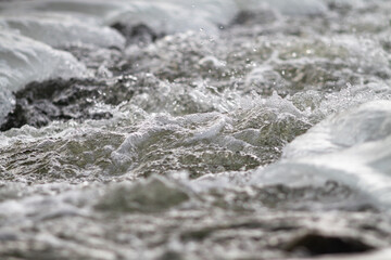 fast river water with foam and spray