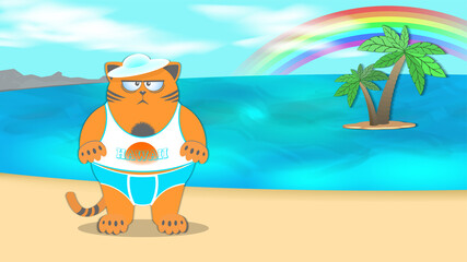Obraz na płótnie Canvas Summer resort beach poster. Cartoon red-haired fat disgruntled cat in a T-shirt, underpants and a cap on the background of the sea, palm trees and the beach