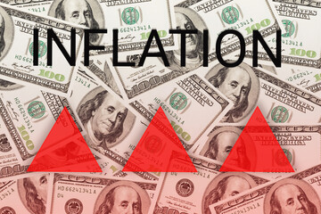 Arrow of red triangles as growth inflation process on dollar banknote background