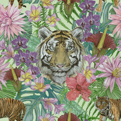Seamless hand drawn watercolor pattern with indonesian tigers, leaves, flowers
