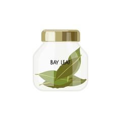 Fragrant bay leaf. Glass container for spices with cover with dried bay leaf inside. Spice can with inscription. Organic product flat. Flavor cooking ingredient in jar. Spicy condiment for cooking.