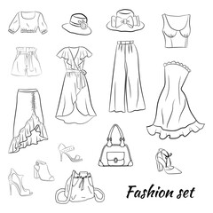 Hand drawn set of fashion women's clothing and accessories. Set of fashion doodles of hats, bags and shoes. Set of hand drawn online fashion shopping. Fashion sketches. Casual style.