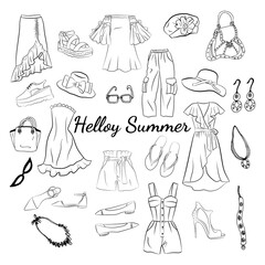 Hand drawn set of fashion women's clothing and accessories. Set of fashion doodles of hats, bags and shoes. Set of hand drawn online fashion shopping. Fashion sketches. Casual style.