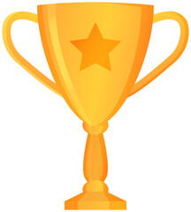 Golden trophy cup isolated on white. Vector illustration of prize with two grips. Glossy award, first place, winner symbol, championship element of goal, first place, shiny cup, trophy equipment