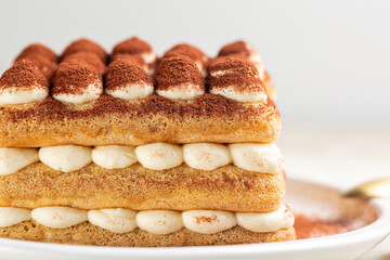 Close-up of tiramisu. Italian dessert made of ladyfingers dipped in coffee and layred with cream made of eggs and mascarpone cheese, powdered with cocoa.