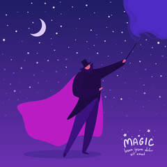 Fototapeta na wymiar A magician casts a spell with his magic wand. An illusionist doing magic. Magical conjurer. A wizard, a mage. A vector cartoon illustration.