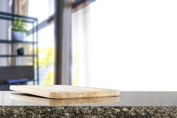 Wooden desk of free space and home interior with window 