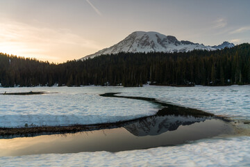 Reflection of the sunset over Mt. Ranier in Reflection Lake Mount Rainer National Park, Washington