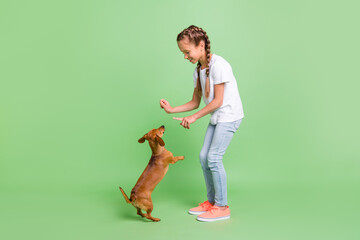 Full length body size view of lovely cheerful careful preteen girl feeding adorable puppy teaching isolated over green color background