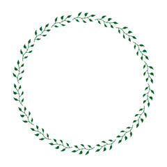 Round frame with green branches on white background. Doodle style. Vector image.