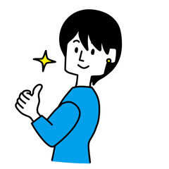 振り向きながらサムズアップをする女性