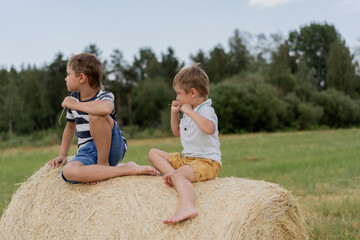 little caucasian adorable boys sitting on haysack in a field on summer time with straw in mouth. Karelia region of Russia