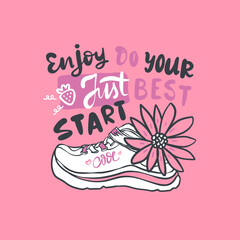 Girly print for t-shirt on a pink background. Illustration with sneaker and lettering, typography design.