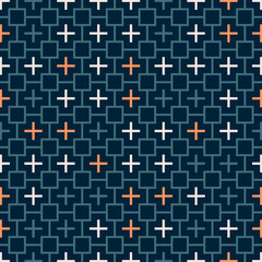 Fototapeta premium Seamless square cross tile random vibrant teal and orange pattern vector background