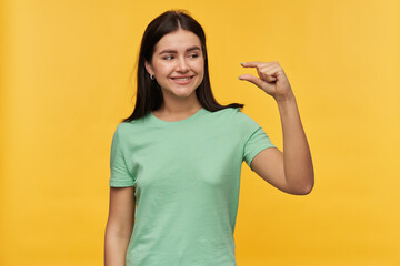 Smiling cute brunette young woman in mint tshirt standing and showing small size by fingers...
