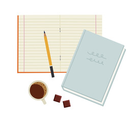 Vector illustration of copybook, textbook, coffee, and chocolate, pencils, isolated on white. Hand-drawn set. Objects for learning, reading, school tools. Top view. Suitable for book shops, schools.