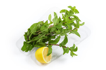 Fresh mint and lemon half in open small plastic container