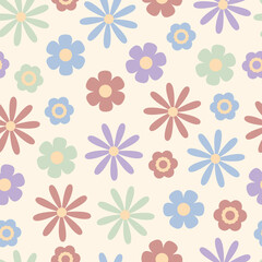 Pastel vintage floral seamless vector pattern. Minimalist, retro style simple flower illustration on soft neutral background. 60's and 70's, spring inspired design. Repeat wallpaper texture print.