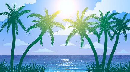 Blue vector ocean sunny beach and palm trees in grass