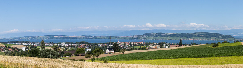 Panaoramic View Lake of Murten with Mont Vully and Murten