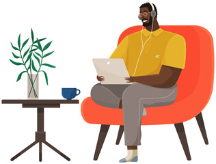 Man sits in chair with laptop and headphones. Remote work, freelance, online training concept. Checking email, watching video, searching for information on Internet. Male character sits with computer