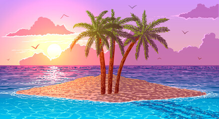 Fototapeta na wymiar Vector cartoon illustration of island in ocean with three palm trees at sunset