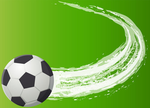 Soccer ball flies after strong hit leaves trail, black and white leather ball to play football on green background. Football spherical object with patches, sport equipment for playing soccer game