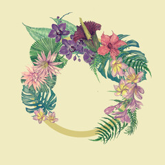 Hand drawn watercolor wreath illustration with indonesian flowers and leaves