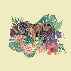 Hand drawn watercolor illustration of indonesian tiger with leaves and flowers